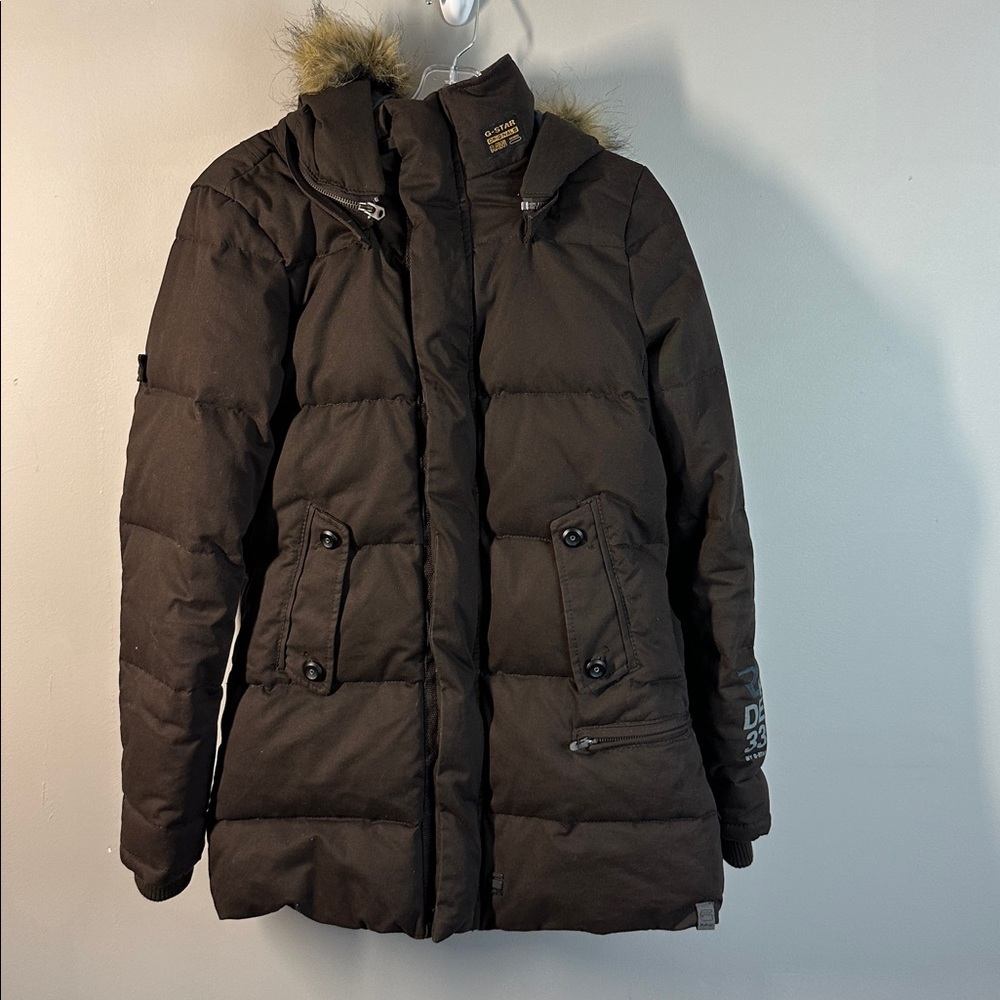 G-Star Originals RAW 3301 Womens Down Feather Hooded Faux Fur Puffer Coat Sz M